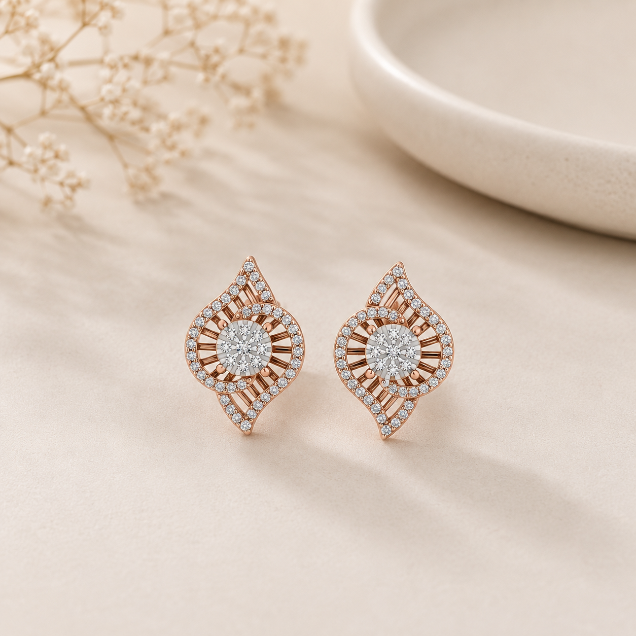 Dual Leaf Swirl Cluster Diamond Earrings