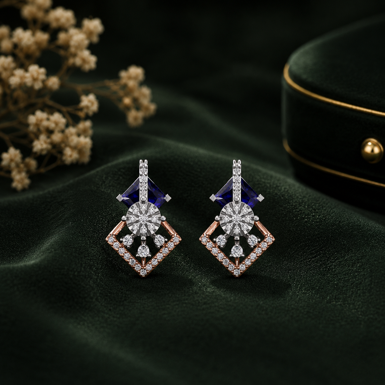 Royal Sapphire Princess Halo Diamond Earrings