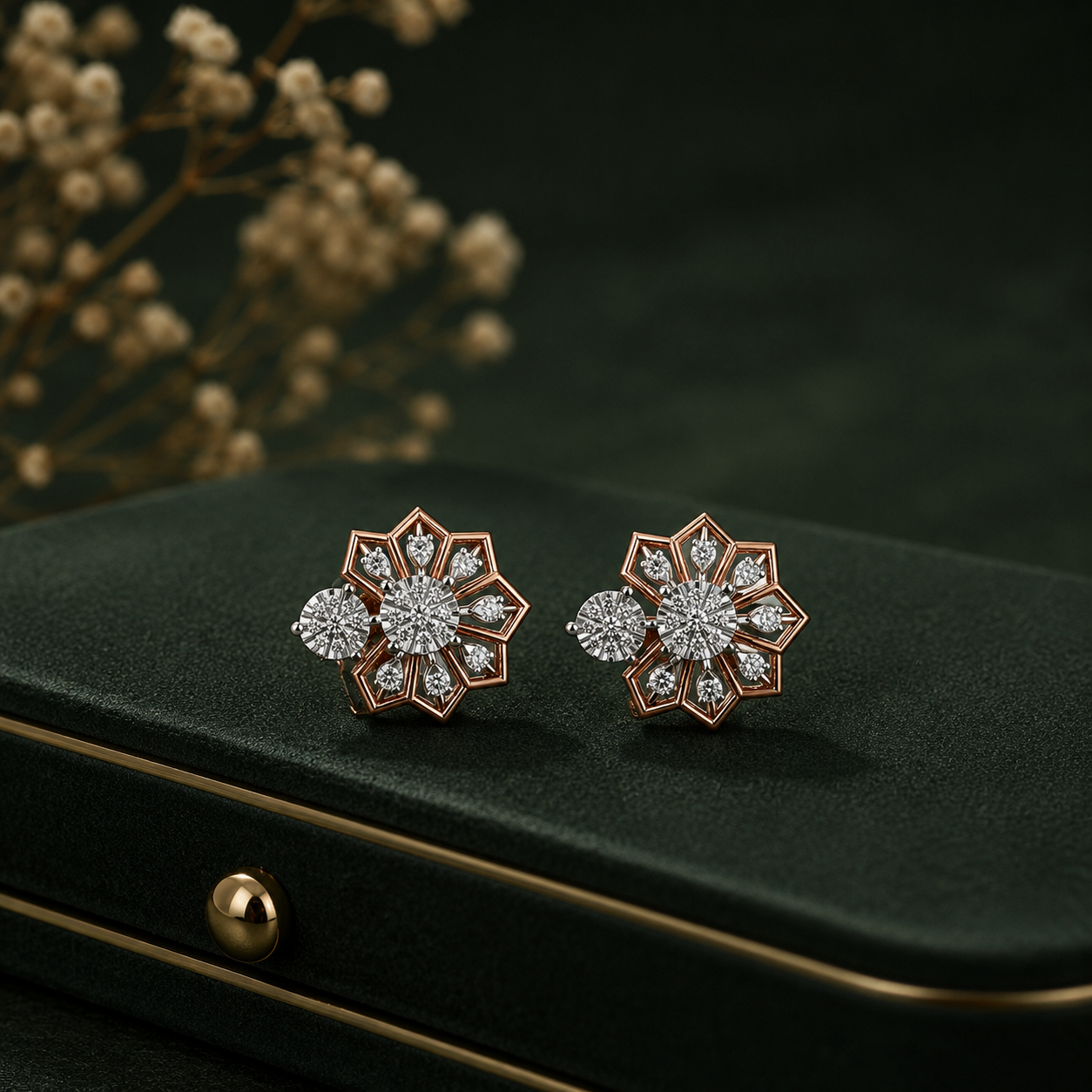 Hexa Petal Fan Cluster Diamond Earrings