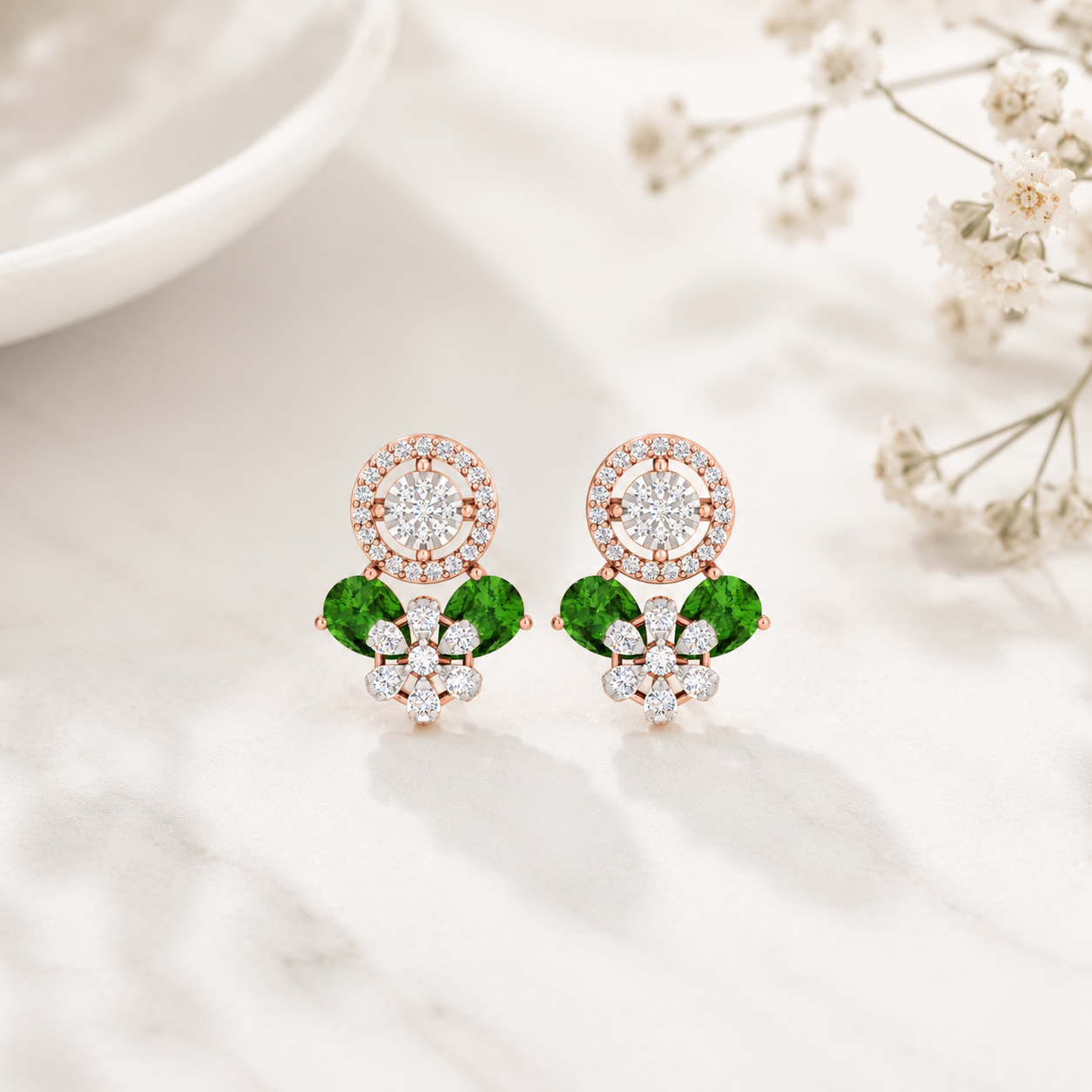 Luxe Emerald Drop Floral Diamond Earrings