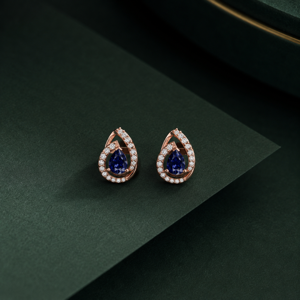 Pear-Shaped Blue Stone & Diamond Stud Earrings