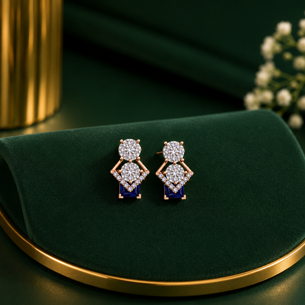 Royal Blue Princess-Cut Diamond Cluster Earrings