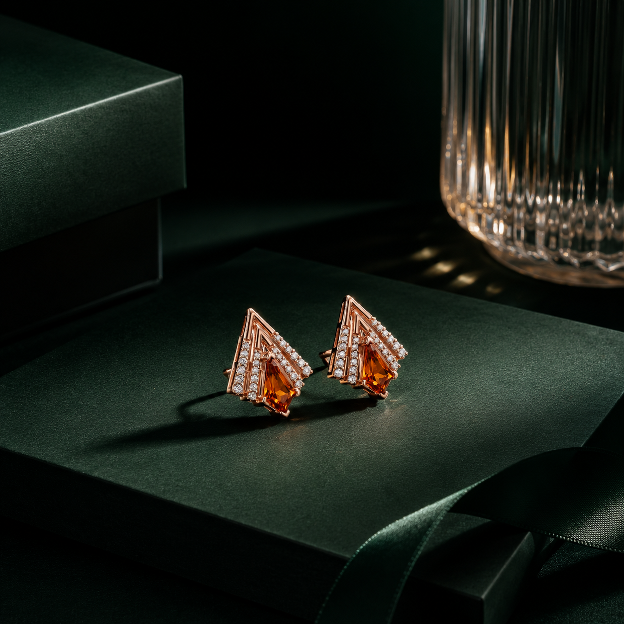 Modern V-Curve Trillion Orange Stone Diamond Earrings
