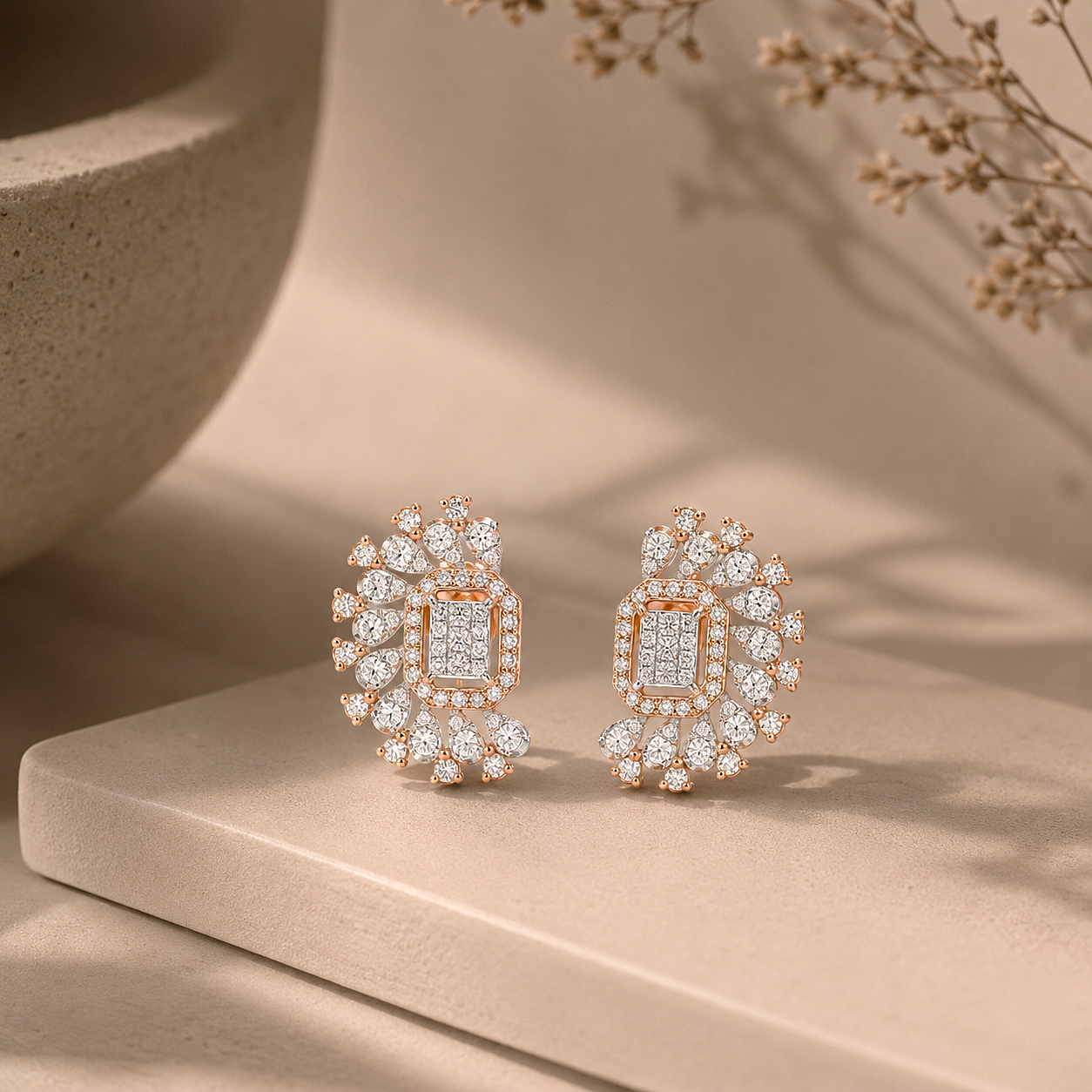 Regal Octagon Halo Diamond Stud Earrings