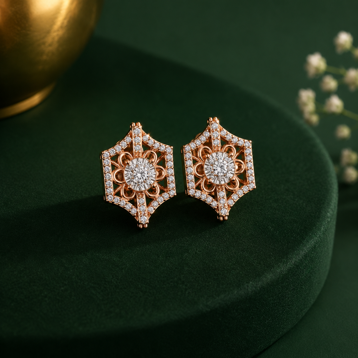 Regal Lotus Motif Diamond Cluster Earrings