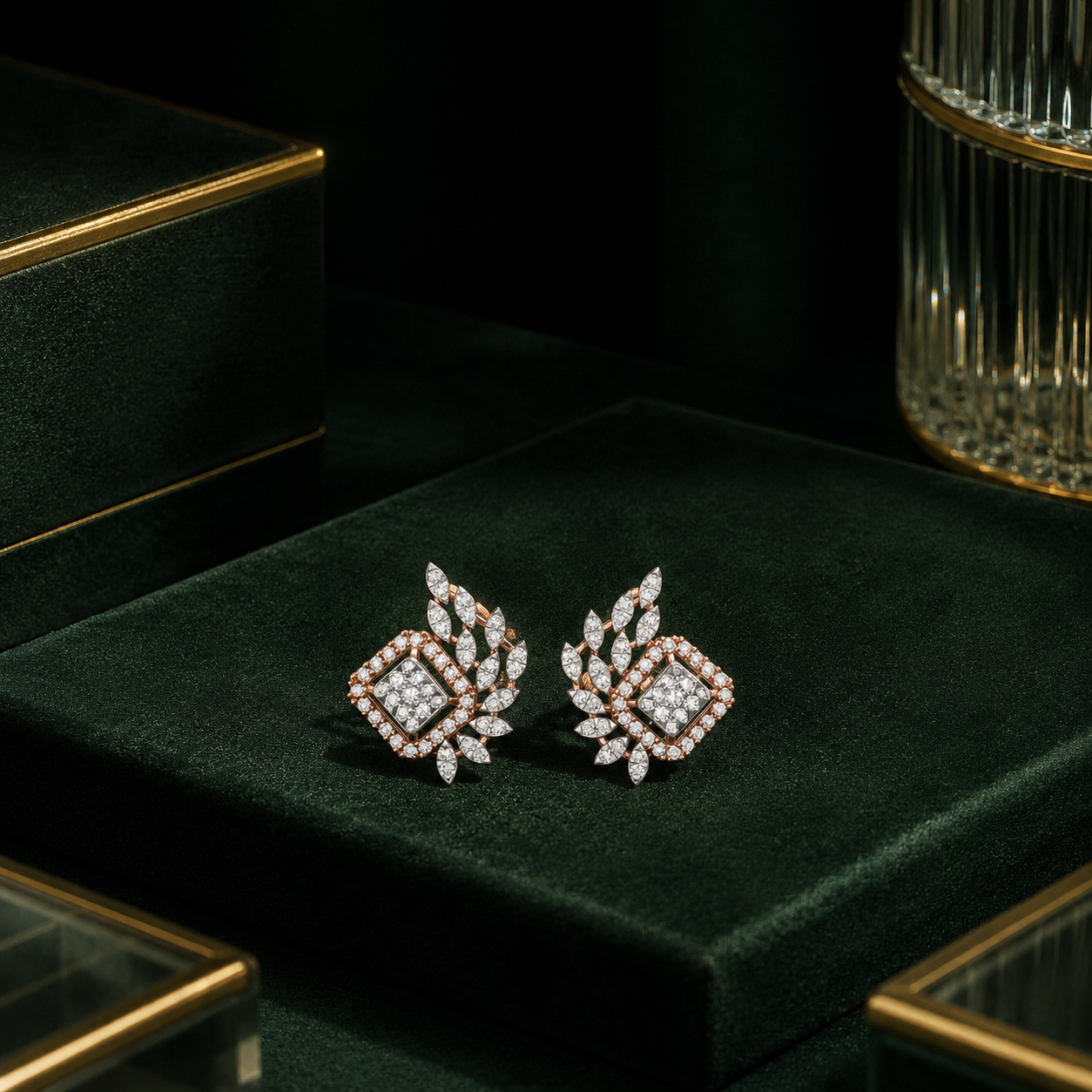 Diamond Leaf Frame Stud Earrings