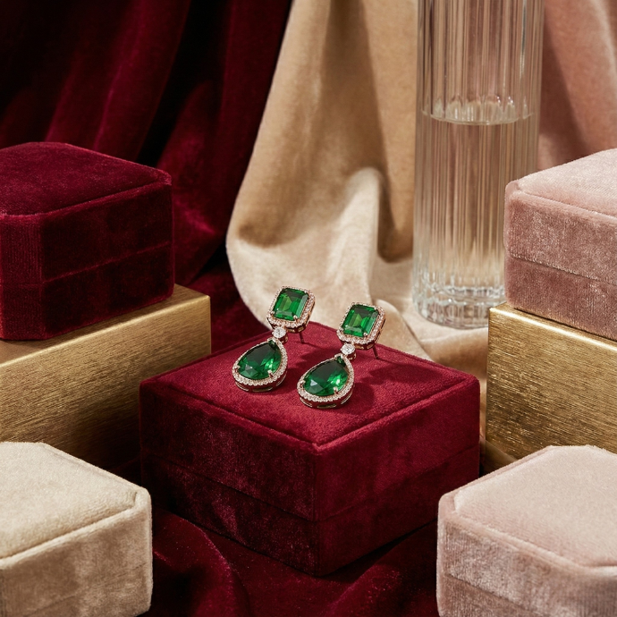 Emerald Halo Drop Statement Diamond Earrings