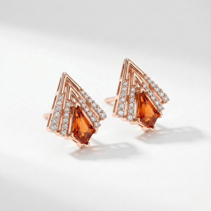 Modern V-Curve Trillion Orange Stone Diamond Earrings