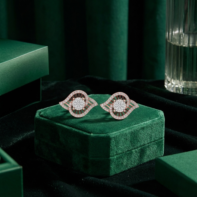 Dual Leaf Swirl Cluster Diamond Earrings