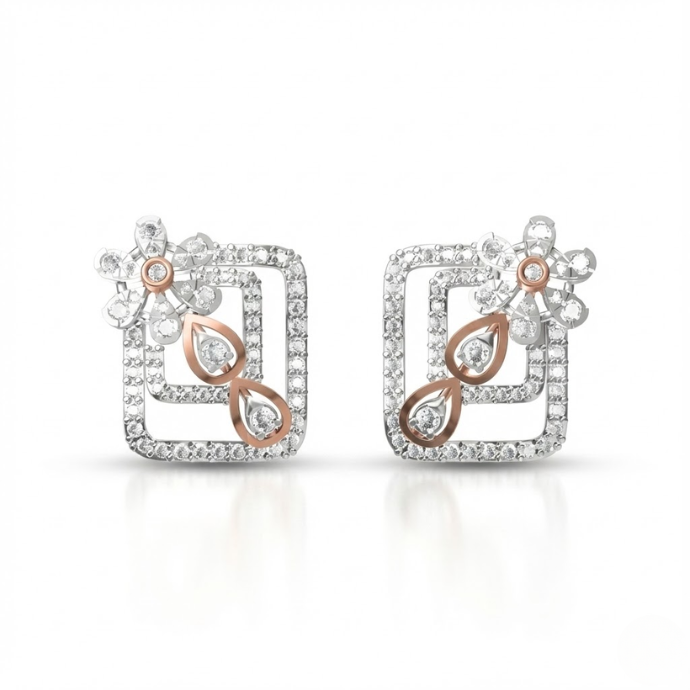 Floral Square Frame Diamond Stud Earrings