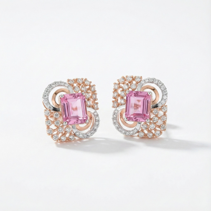 Pink Gemstone Diamond Designer Stud Earrings