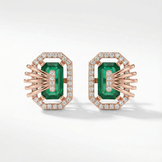 Emerald-Cut Green Stone & Diamond Stud Earrings