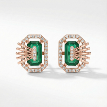 Emerald-Cut Green Stone & Diamond Stud Earrings