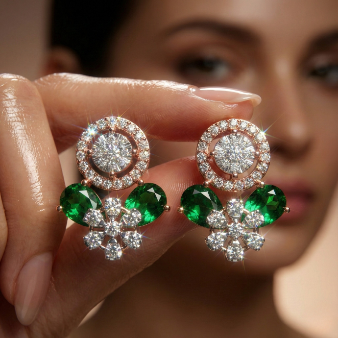 Luxe Emerald Drop Floral Diamond Earrings