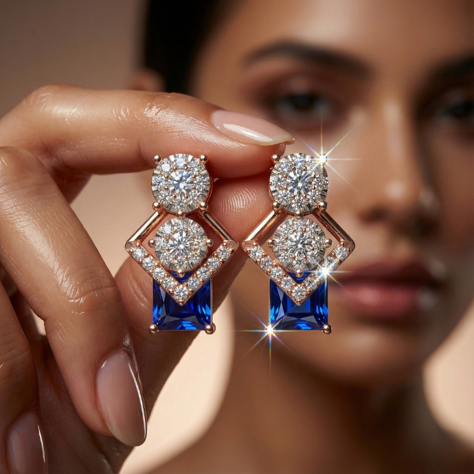 Royal Blue Princess-Cut Diamond Cluster Earrings