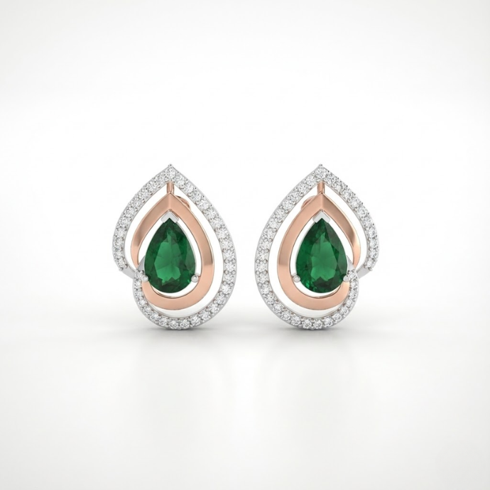 Pear Halo Diamond Stud Earrings with Green Gemstone