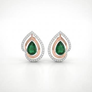 Pear Halo Diamond Stud Earrings with Green Gemstone