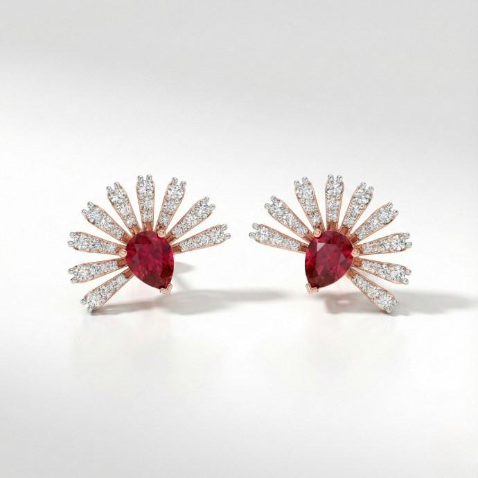 Radiant Ruby Sunburst Diamond Earrings