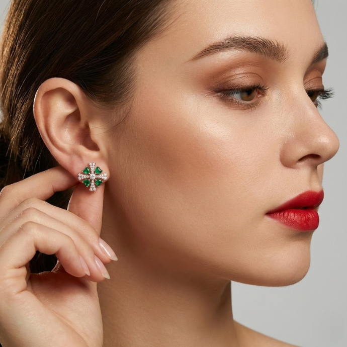 Floral Emerald & Diamond Stud Earrings