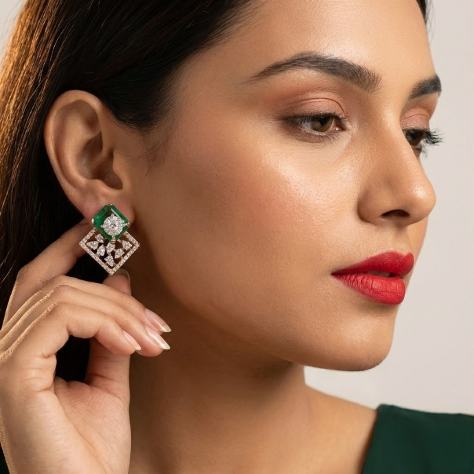 Emerald Princess Square Floral Diamond Earrings