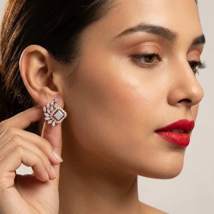 Diamond Leaf Frame Stud Earrings