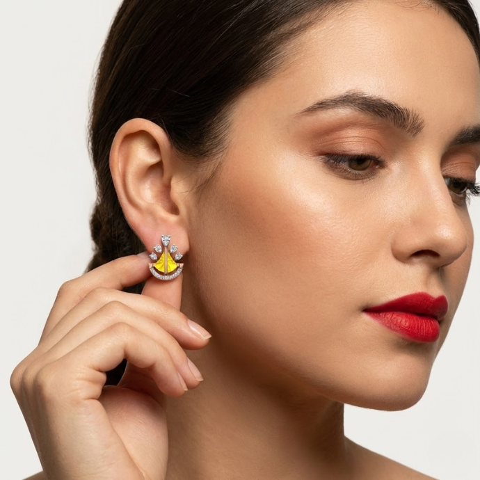 Yellow Fan-Shaped Gemstone & Diamond Stud Earrings