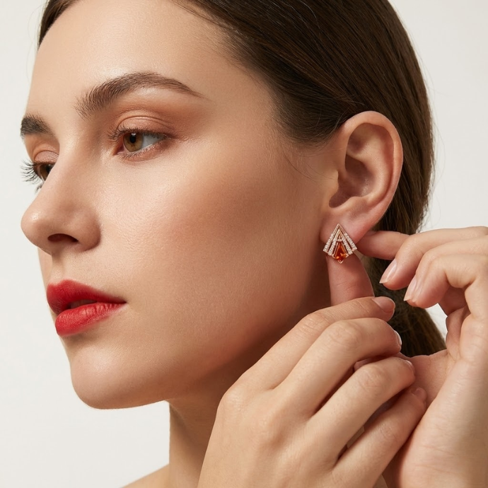 Modern V-Curve Trillion Orange Stone Diamond Earrings