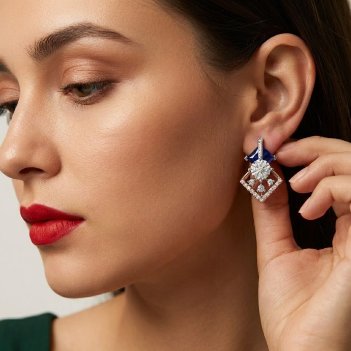 Royal Sapphire Princess Halo Diamond Earrings