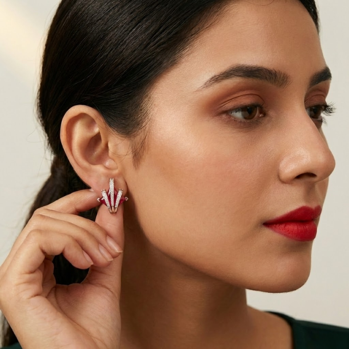 Geometric Ruby-Tone & Diamond Stud Earrings