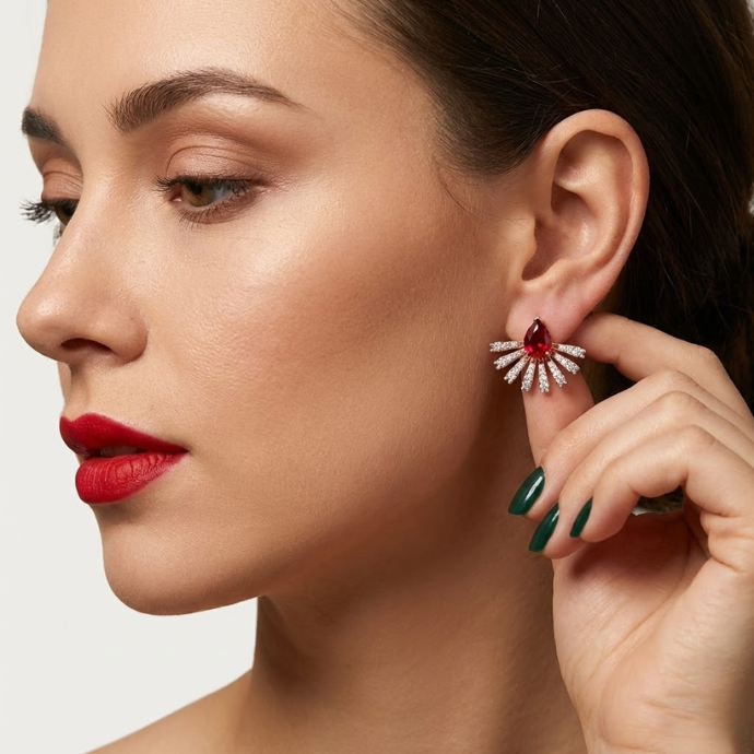 Radiant Ruby Sunburst Diamond Earrings