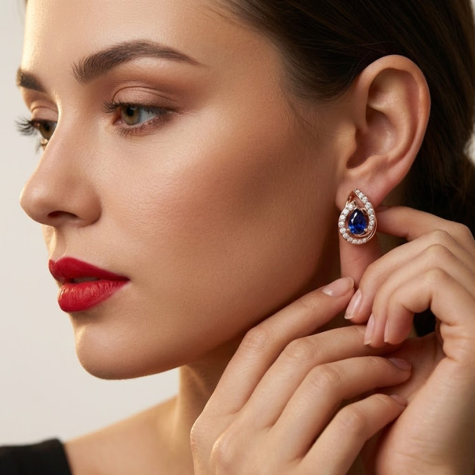 Pear-Shaped Blue Stone & Diamond Stud Earrings