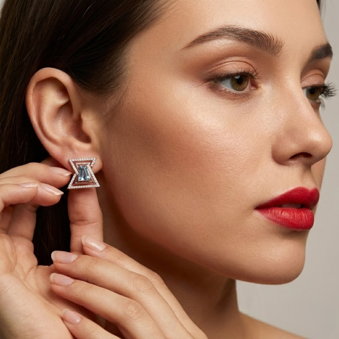Geometric Halo Diamond Stud Earrings with Blue Gemstone