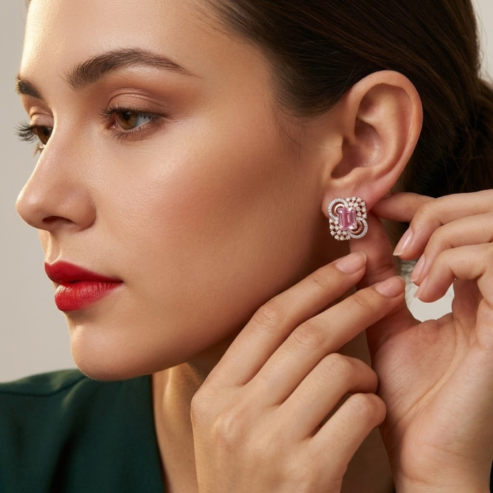 Pink Gemstone Diamond Designer Stud Earrings