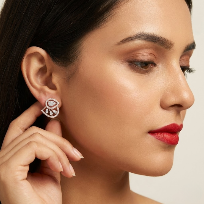 Dual Swirl Drop Cluster Diamond Earrings