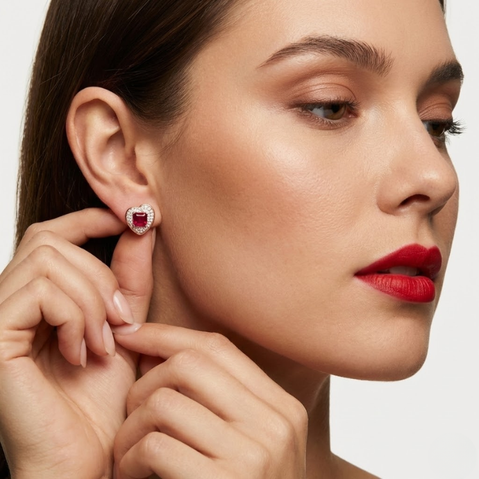 Heart-Shaped Ruby-Tone & Diamond Stud Earrings