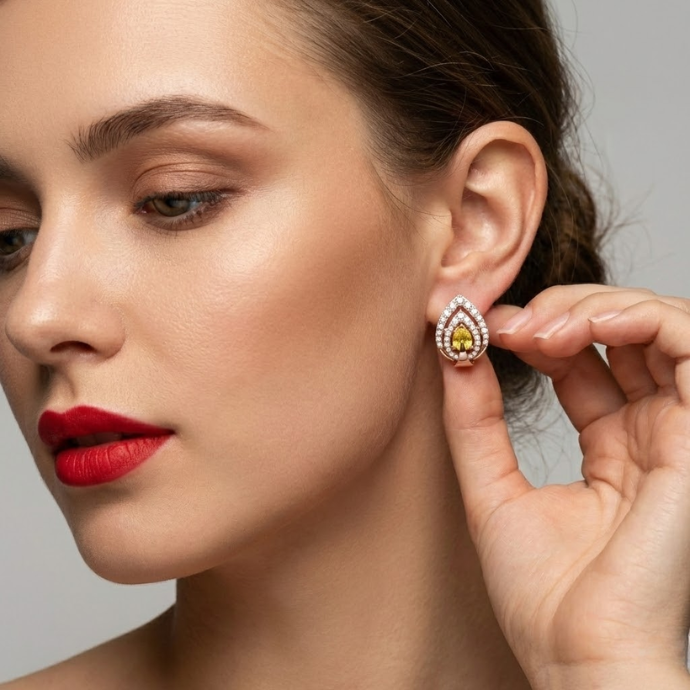 Pear-Shaped Yellow Stone & Diamond Stud Earrings