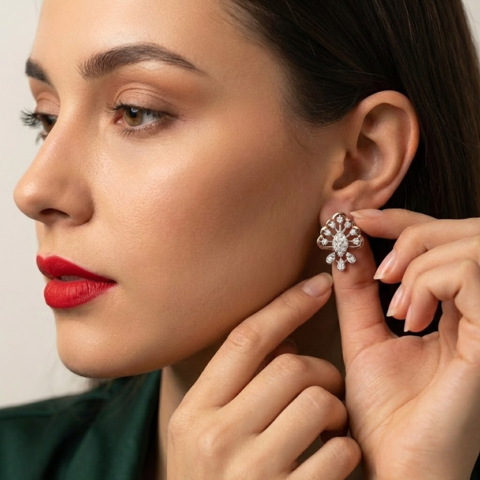 Floral Fan Motif Diamond Stud Earrings