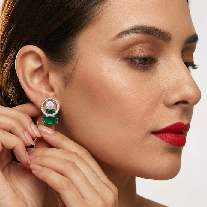 Modern Emerald Illusion Halo Diamond Earrings