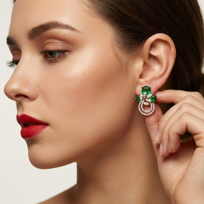 Emerald Cluster Diamond Designer Stud Earrings