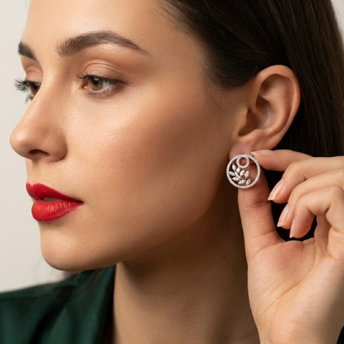 Circular Leaf Motif Diamond Stud Earrings