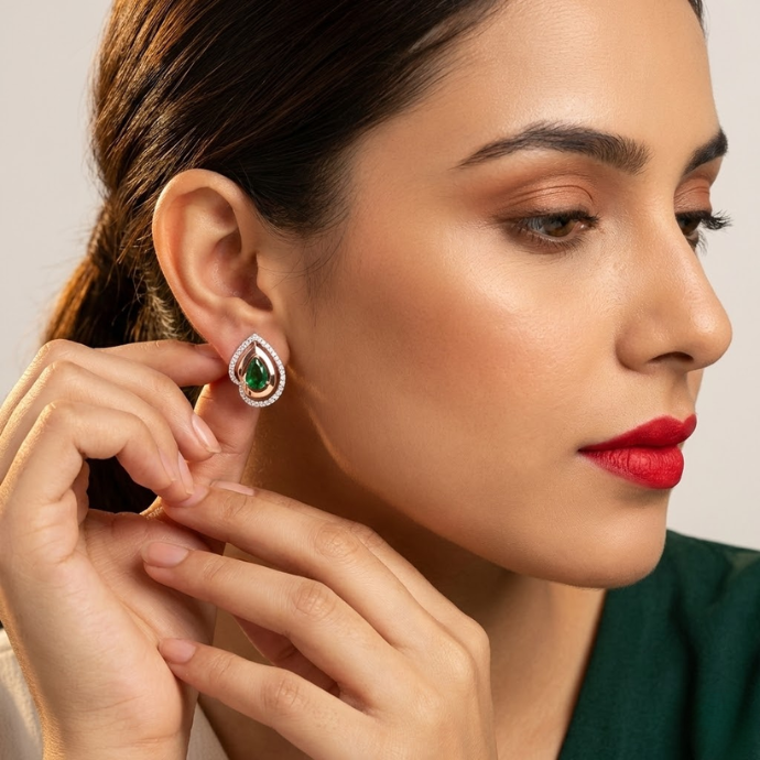 Pear Halo Diamond Stud Earrings with Green Gemstone