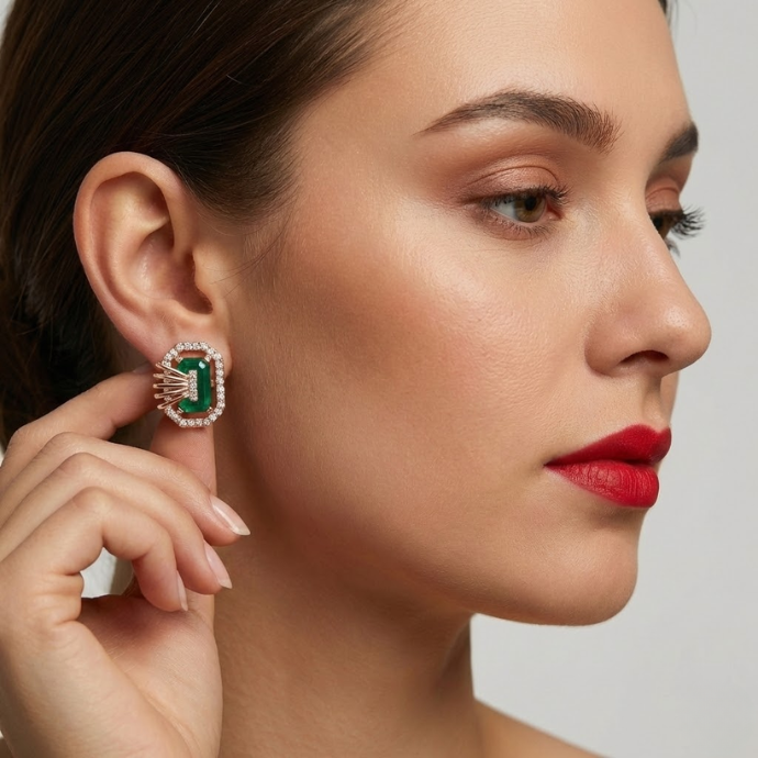 Emerald-Cut Green Stone & Diamond Stud Earrings