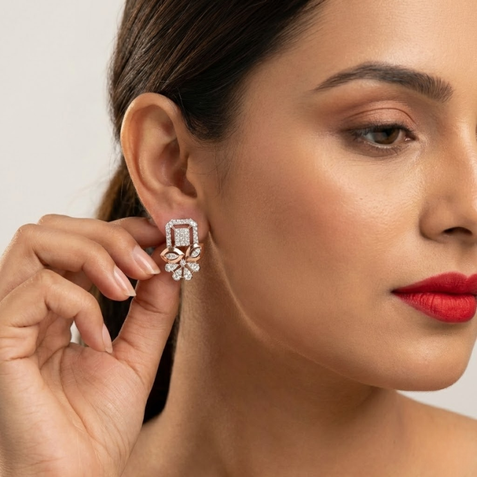 Geometric Floral Diamond Stud Earrings