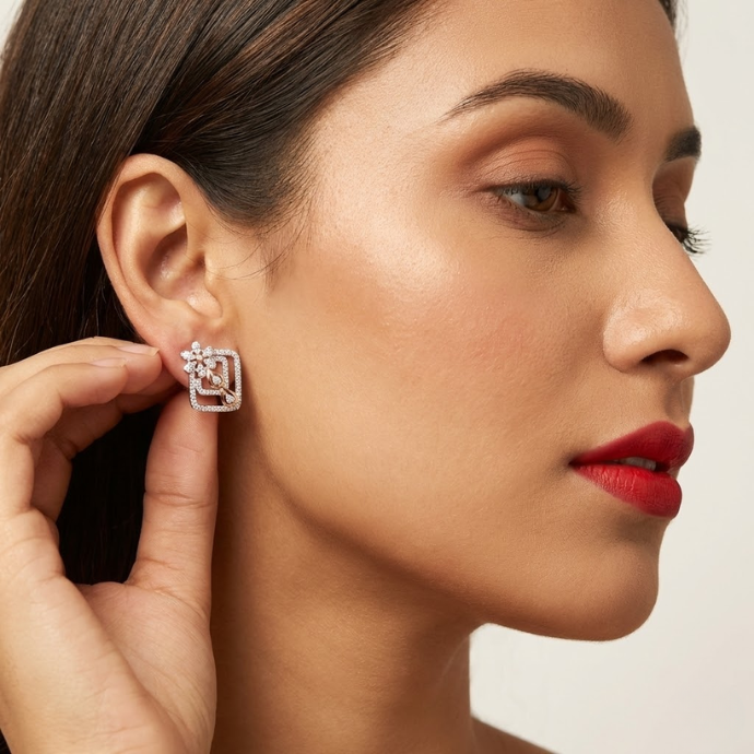 Floral Square Frame Diamond Stud Earrings