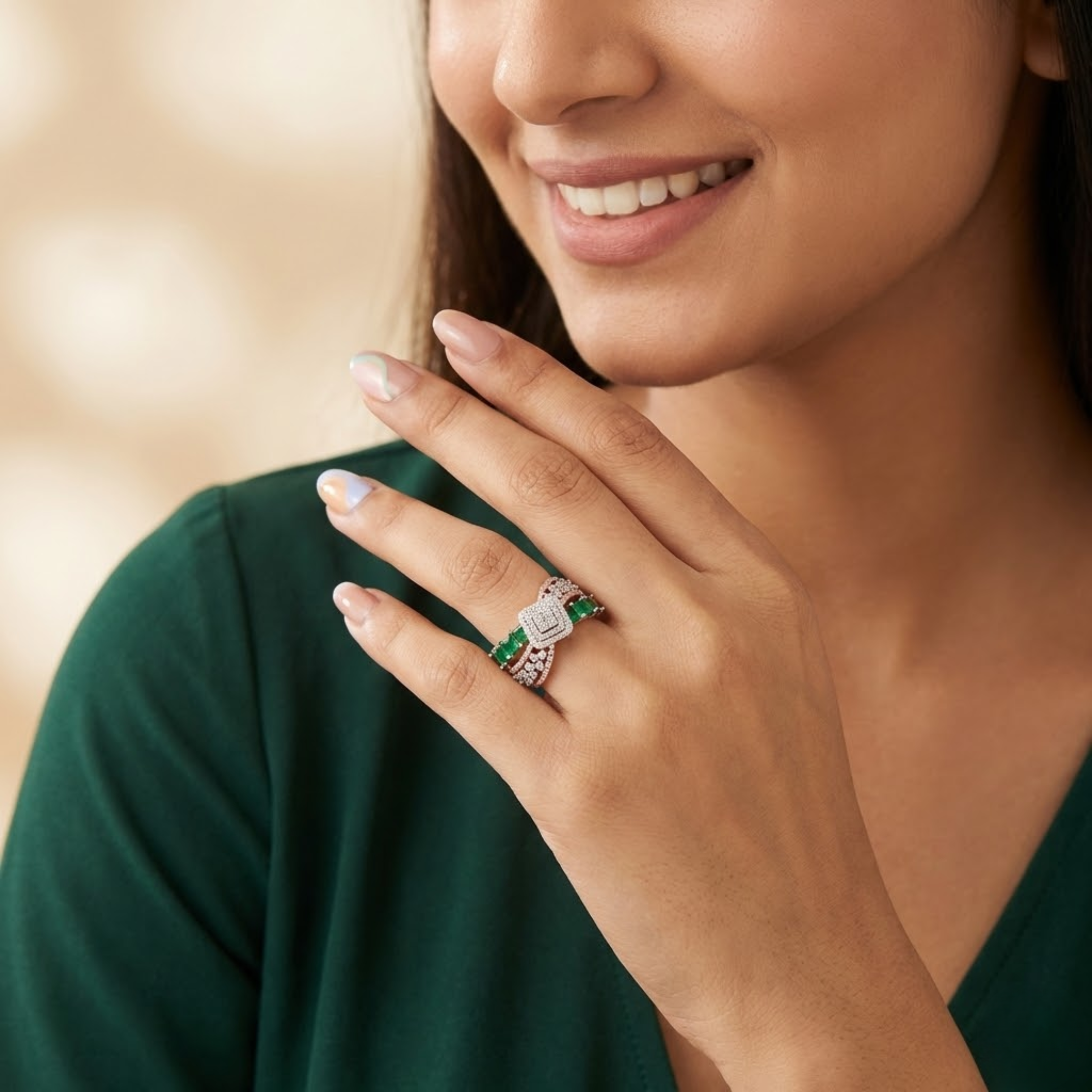 Emerald Accented Square Halo Designer Diamond Ring