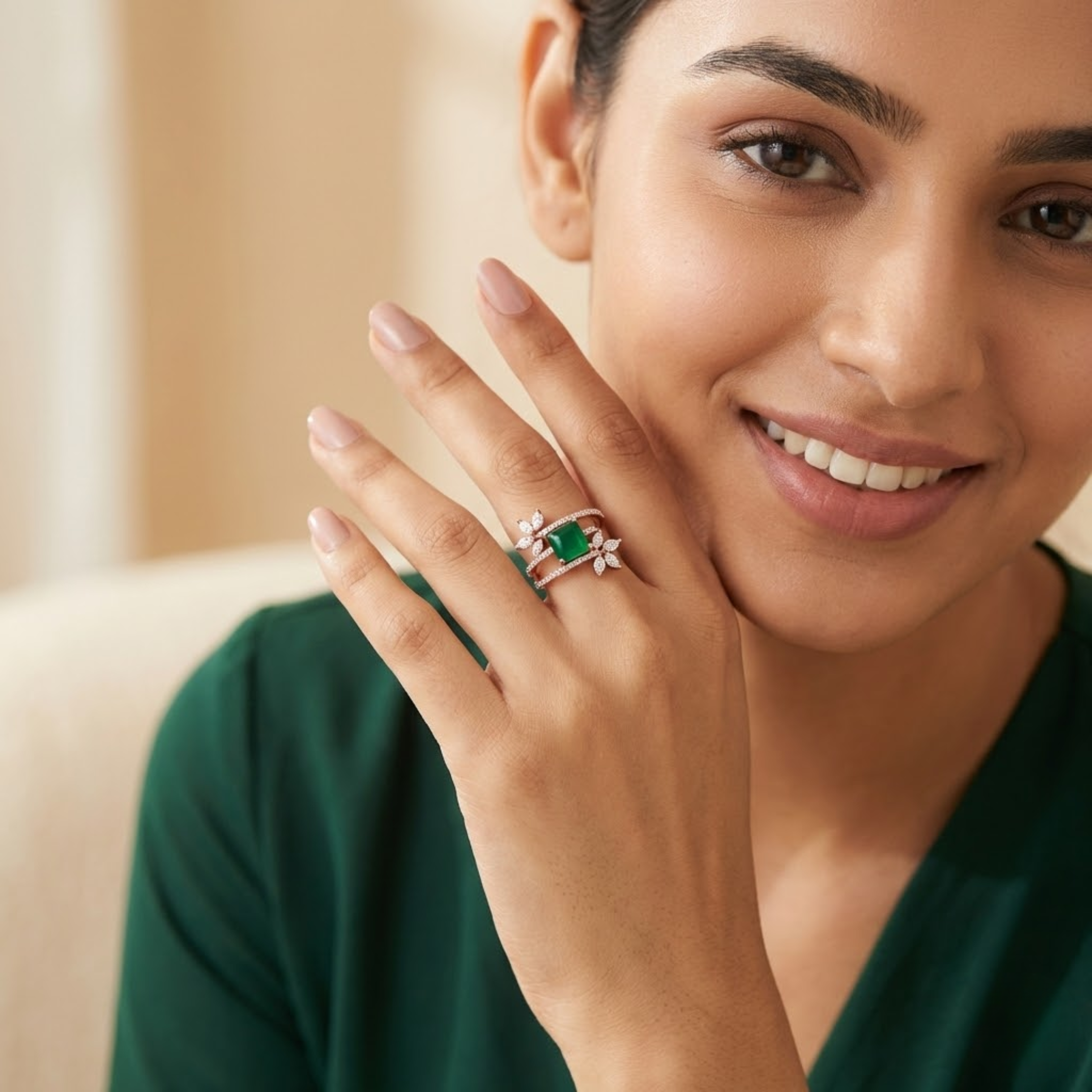 Regal Green Gemstone Floral Diamond Ring