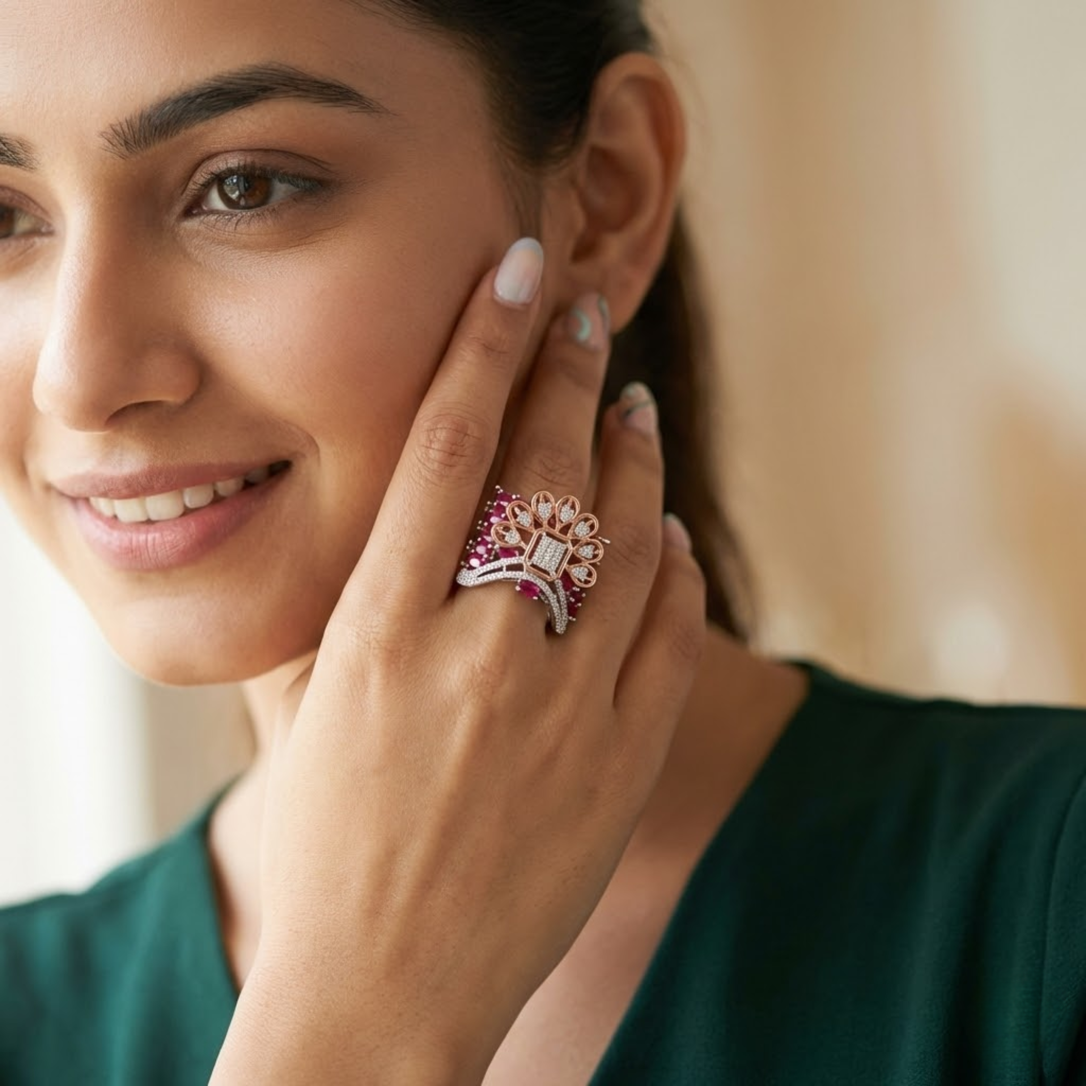 Floral Ruby Fan Diamond Ring