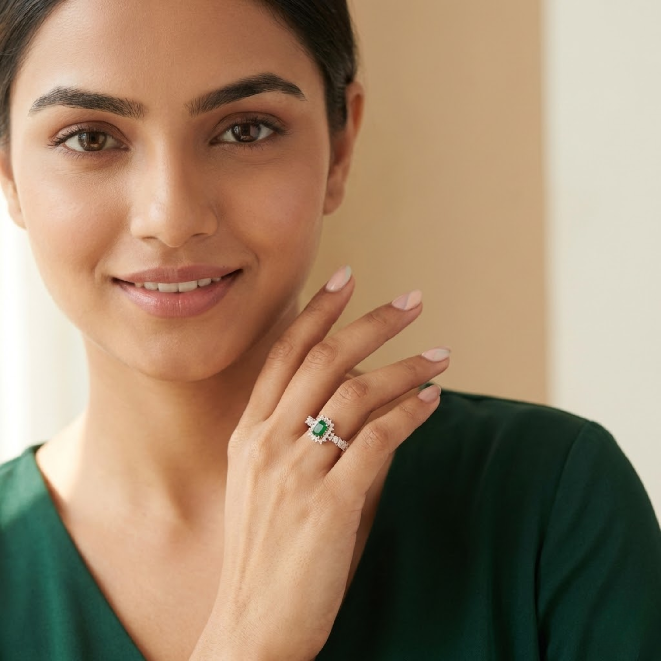 Emerald Radiance Halo Diamond Ring