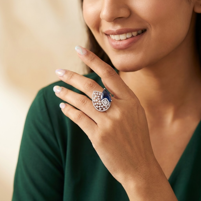Designer Sapphire Pear Frame Diamond Ring