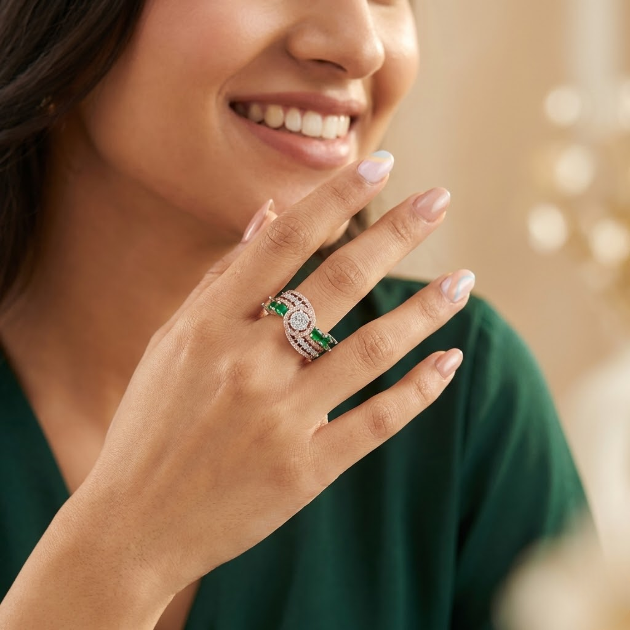 Emerald Cluster Spiral Halo Designer Ring